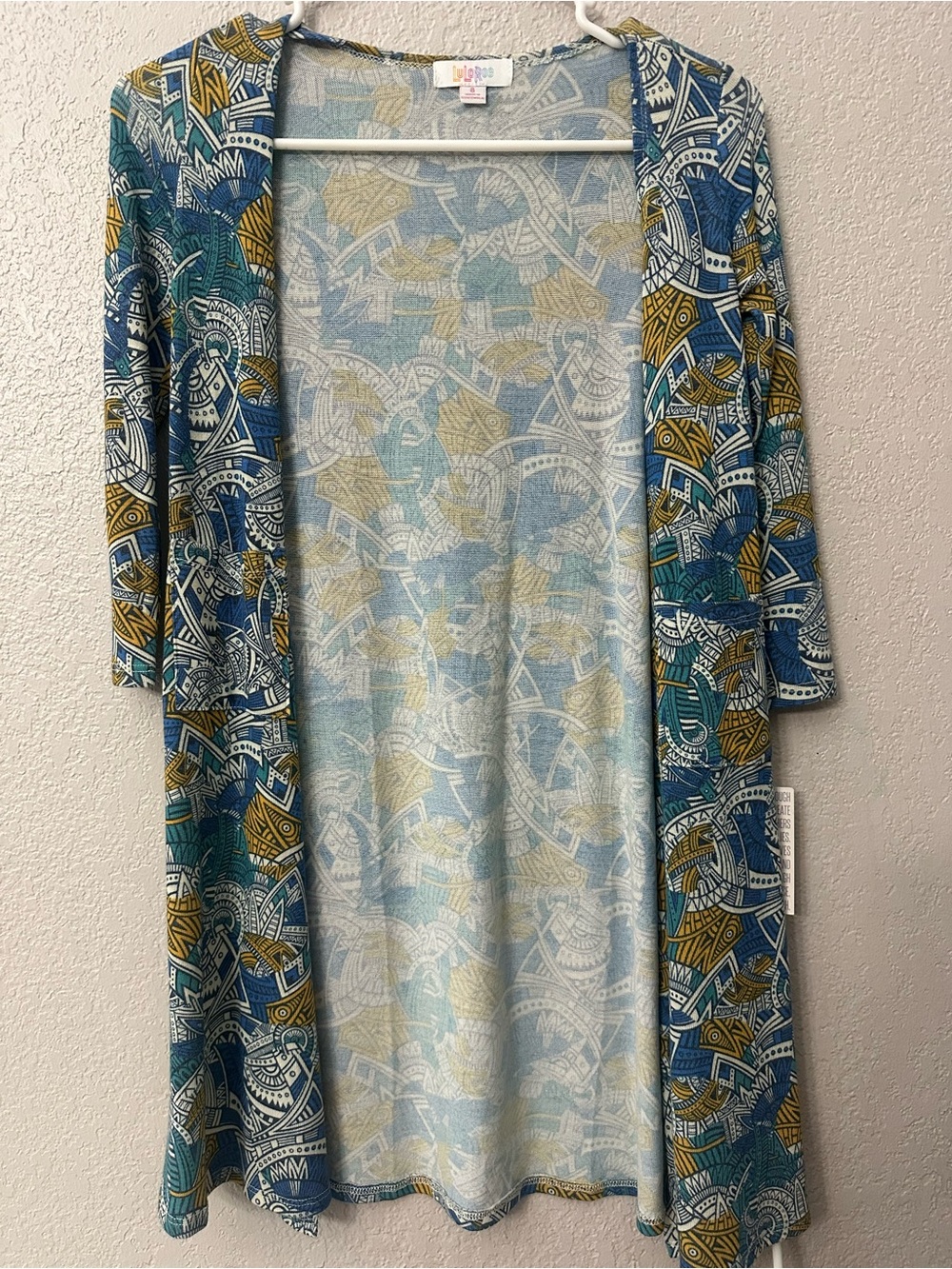 LuLaRoe Printed Open-Front Duster in Teal, Blue & Gold